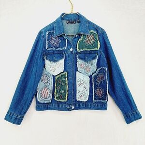 New Directions Blue Cotton Patchwork Quilted Jean Jacket P85